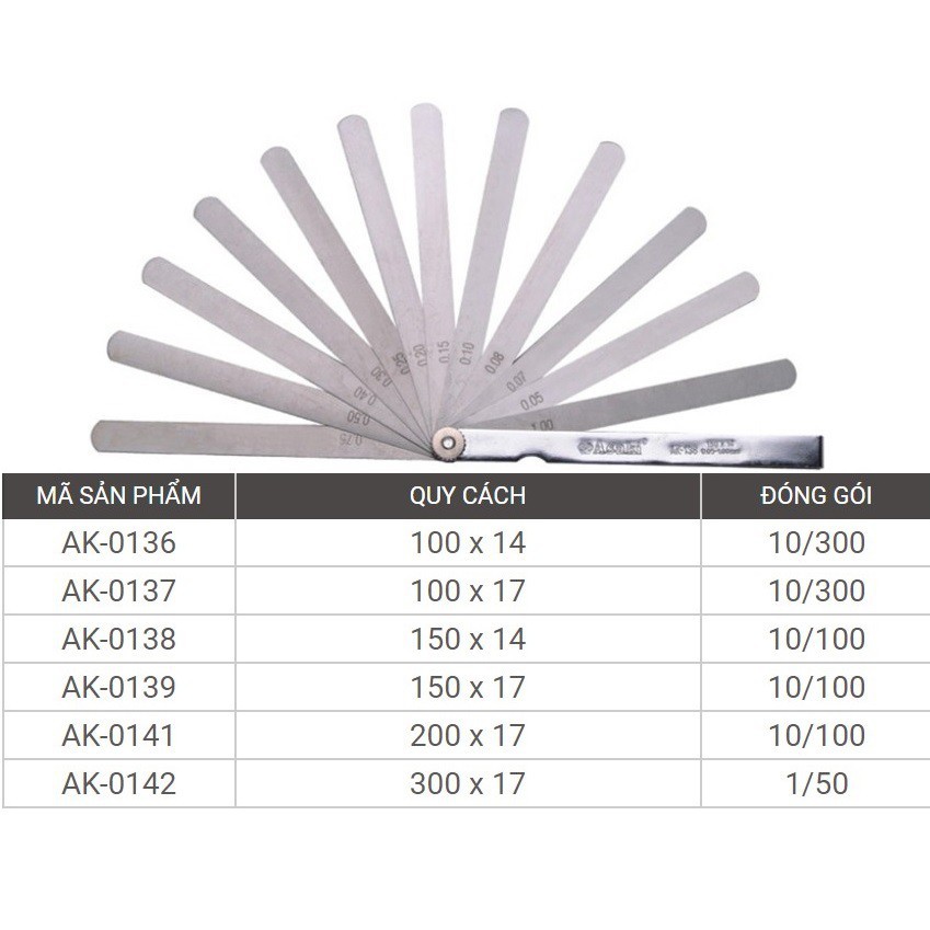 Thước lá đo khe hở (dưỡng đo độ dày) 14 chi tiết 0.05-1.00 Asaki AK-0136