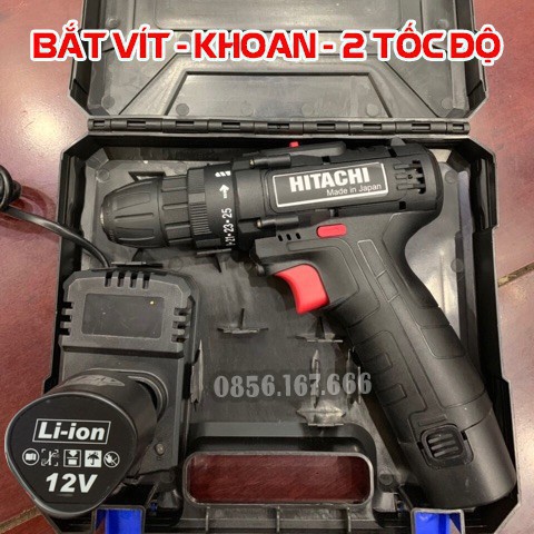 [Chinh Hang] Máy khoan tay bắt vít HITACHI pin 12V 2 pin, Máy khoan pin 12v