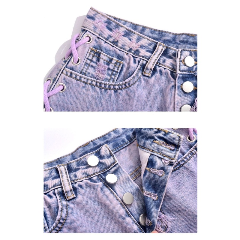 Quần Short Denim Lưng Cao Phối Dây Tua Rua Màu Tím Cho Nữ 4988