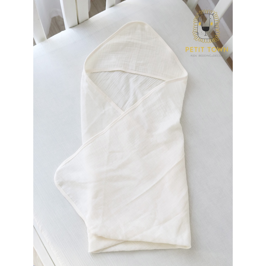 Khăn quấn bé sơ sinh, vải xô muslin, khăn tắm em bé, handmade màu trắng kem