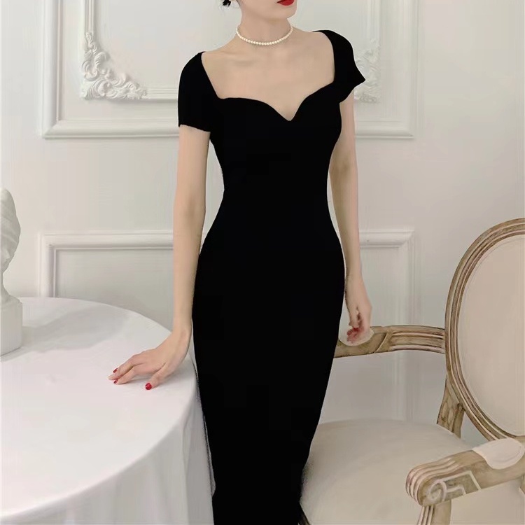 Đầm SUXI dệt kim tay ngắn màu trơn thời trang xuân hè dành cho nữ