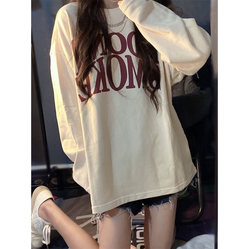 Áo Thun Tay Dài Cổ Tròn Dáng Rộng Thời Trang Xinh Xắn Cho Nữ