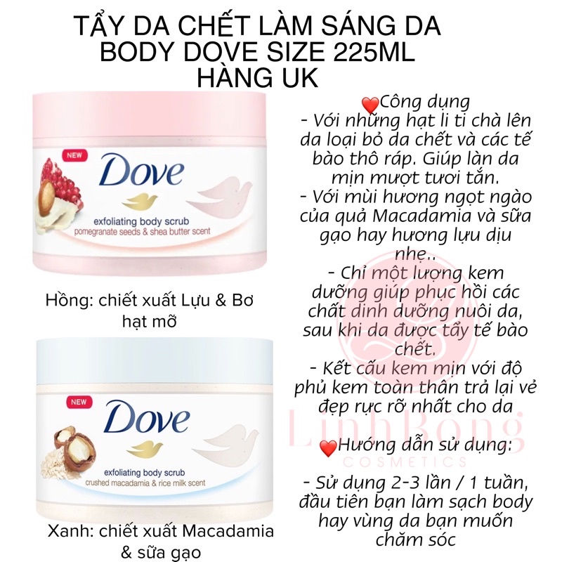 TẨY DA CHẾT DOVE CHO BODY LÀM SÁNG - DƯỠNG ẨM CHO DA 225ML