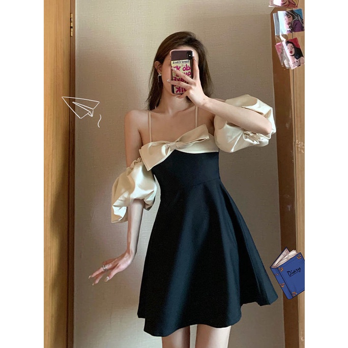 Đầm Công Chúa Hai Dây Tay Phồng Cổ Chữ V Ôm Dáng Phong Cách Pháp Dành Cho Nữ