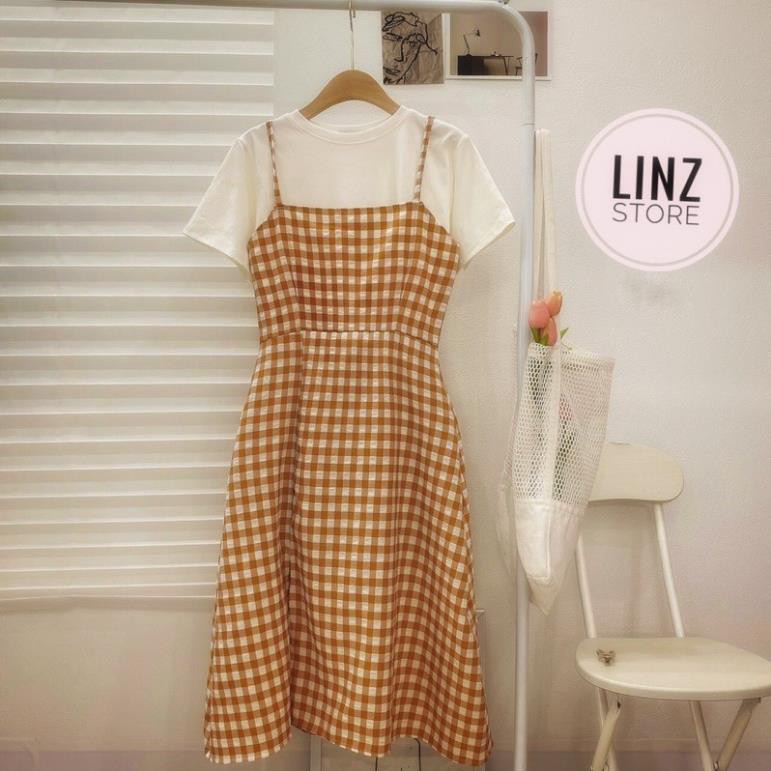 Váy 2 Dây Thiết Kế Kẻ ,Đầm 2 Dây Kẻ Caro Dáng Dài Sẻ Trước Phong cách Vintage linzstore  ྇