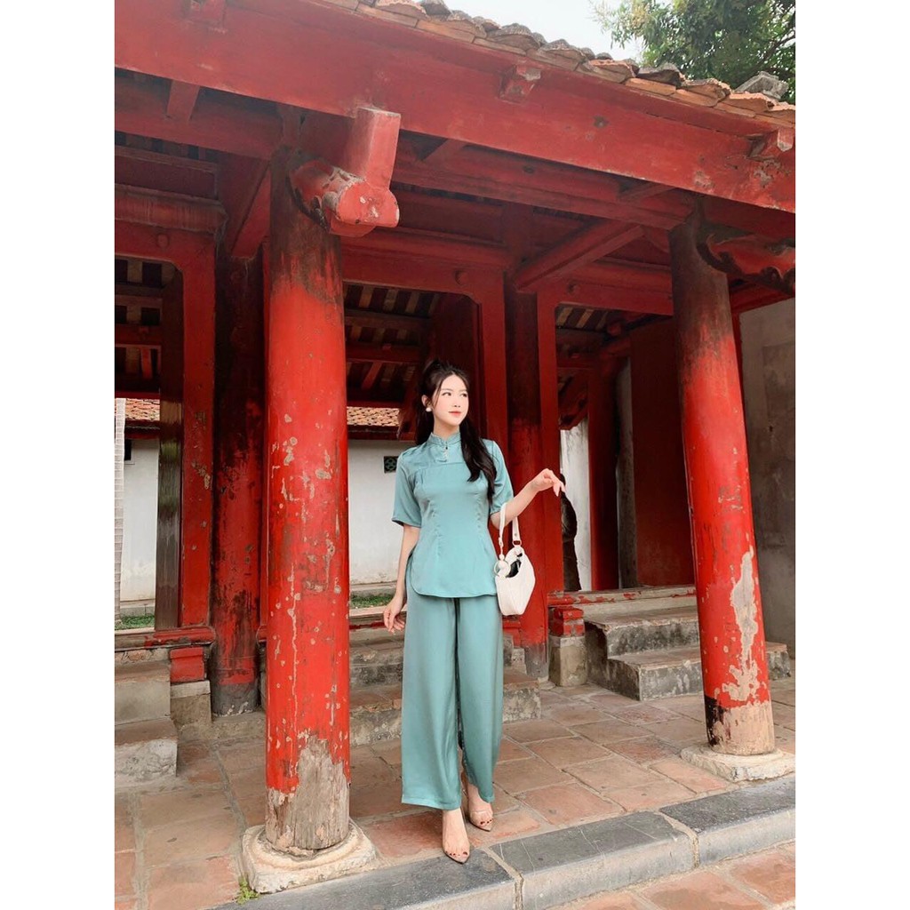 Đồ Lam Đi Chùa -Bộ Lụa đi lễ chùa khoét giọt nước L07