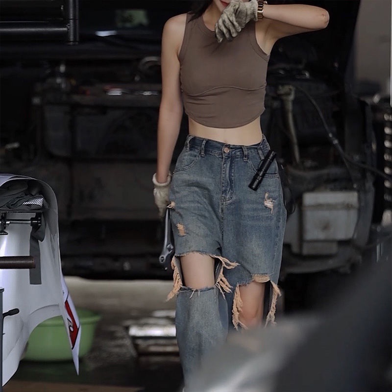 Jiashucheng Quần Jean Nữ Lưng Cao Ống Rộng Rách Gối Thời Trang