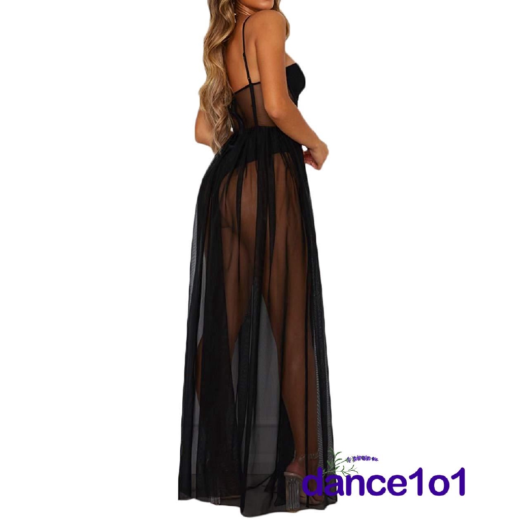 Đầm dài hai dây chất vải xuyên thấu phong cách quyến rũ