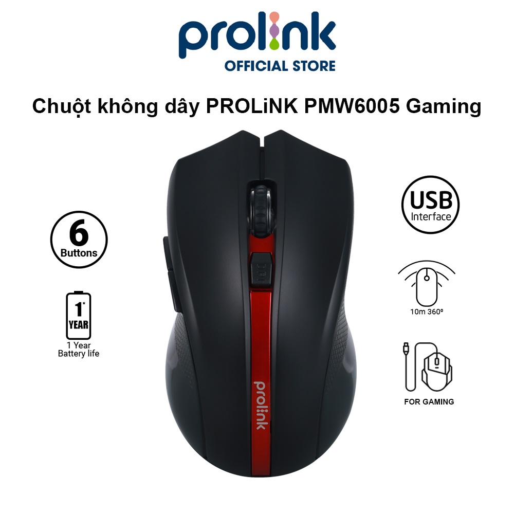 Chuột không dây PROLiNK PMW6005 kiểu dáng Gaming, tiết kiệm pin, độ nhạy cao dành cho PC, Laptop