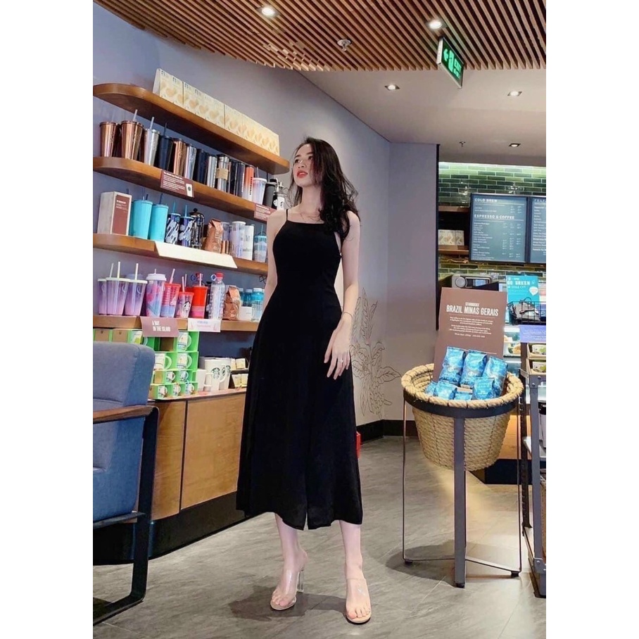 Đầm maxi đen trơn phối 2 dây hở lưng sexy, quyến rũ
