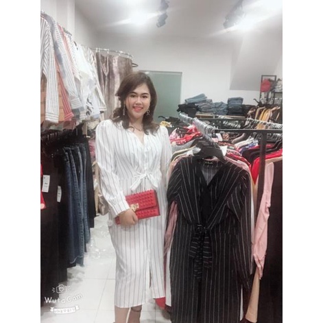 Đầm sơ mi sọc bigsize cột nơ eo trắng - đen - hồng M_*6