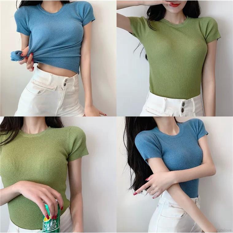 Áo dệt kim dáng ôm tay ngắn cổ tròn gợi cảm phong cách Hàn cho nữ | BigBuy360 - bigbuy360.vn
