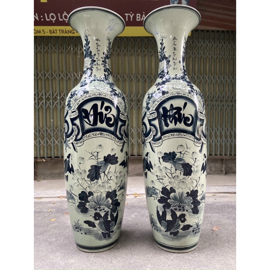 Đôi lộc bình men tràm cổ họa tiết Phúc Đức Tràm Cổ cao 155 cả chân kê
