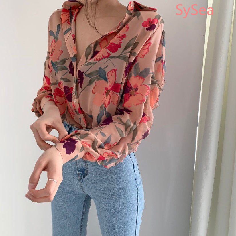 Áo Kiểu Chất Chiffon Tay Dài Hoạ Tiết Hoa Có Size Lớn