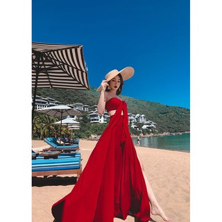 Set áo quây thắt nơ ngực kèm chân váy maxi xẻ sexy