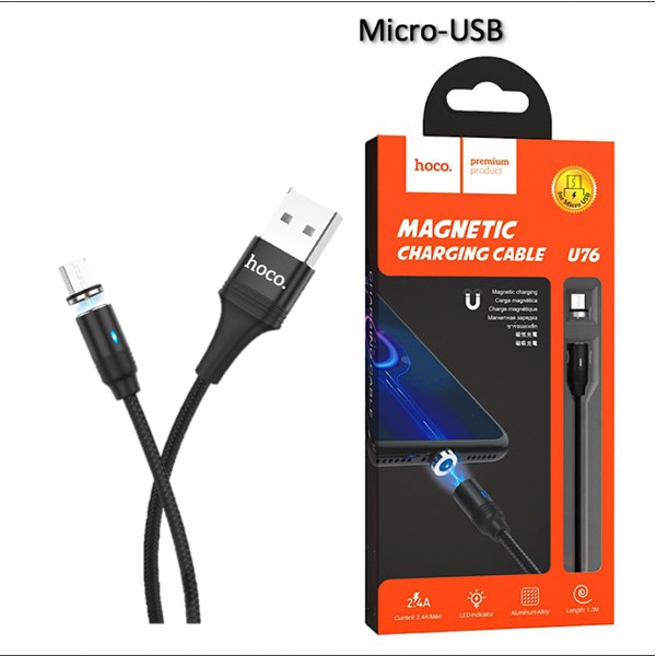 Cáp sạc nam châm Hoco U76 Micro USB sạc nhanh tối đa 2A, hỗ trợ truyền dữ liệu, có đèn LED, dây bọc dù, dài 1.2m