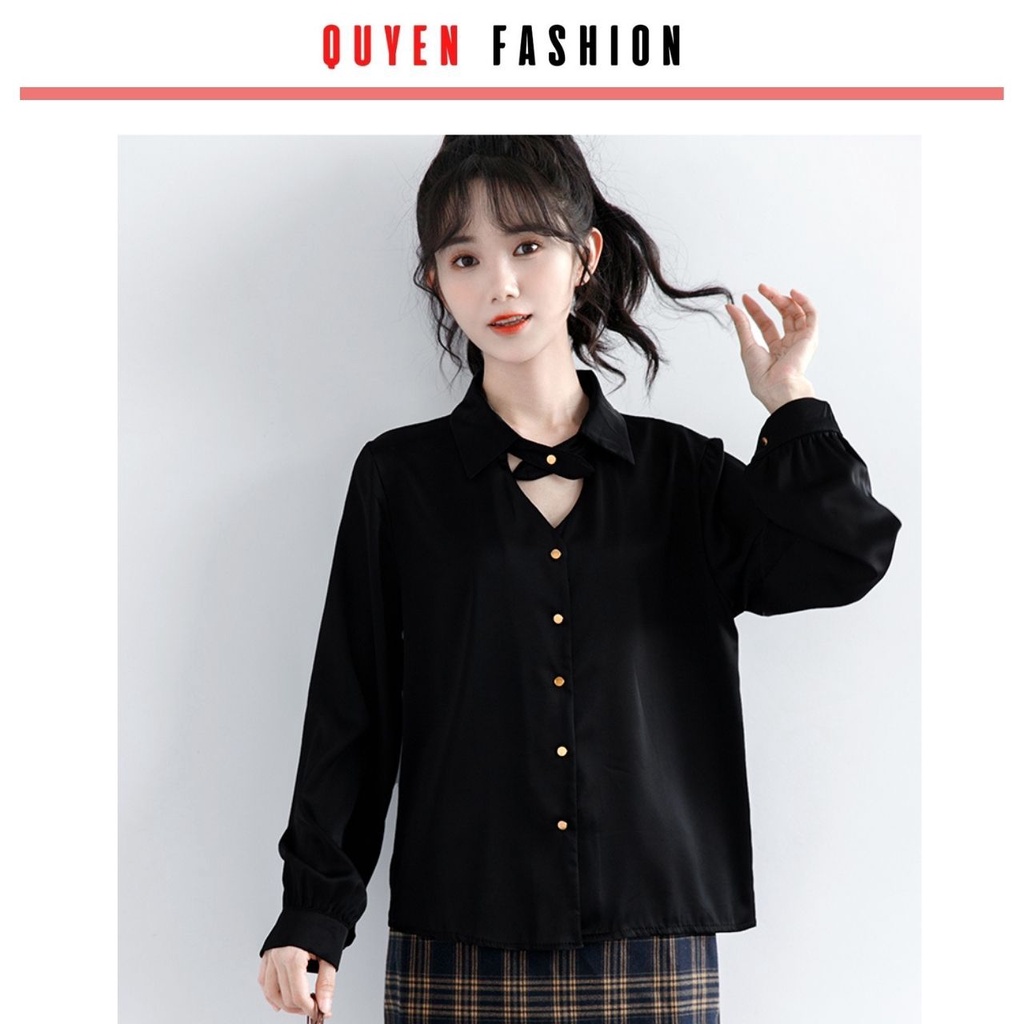 Áo sơ mi công sở kiểu dáng hàn quốc tay tiểu thư phồng Quyên Fashion AA557 màu đen cá tính