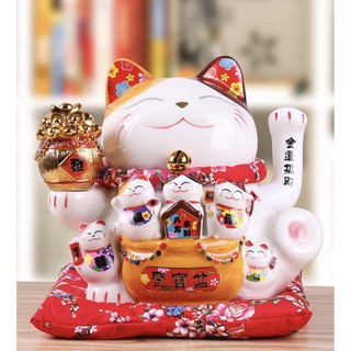 Mèo Thần Tài Cầm Xiên Đĩnh Vàng Cao 27 Cm kèm sạc và thảm