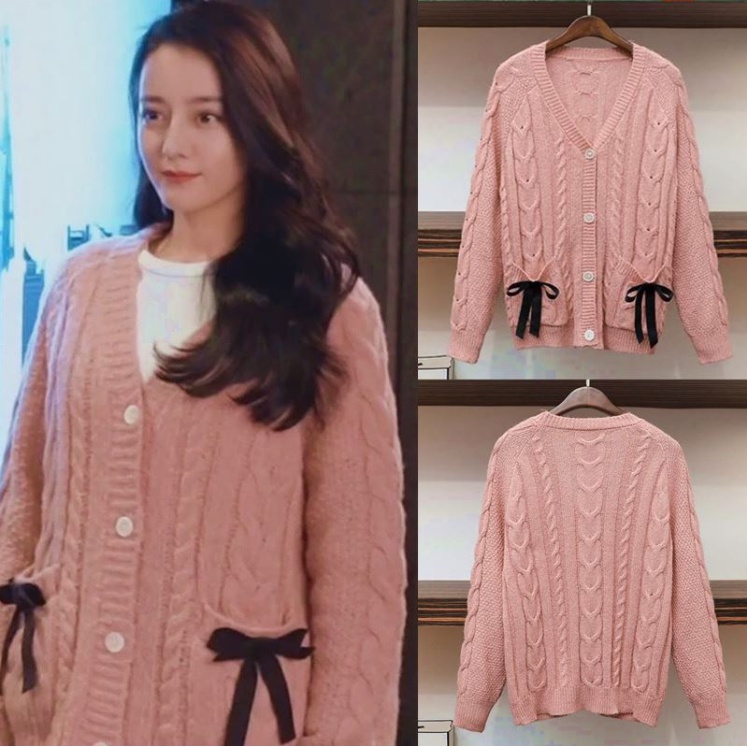 Áo Khoác Len Cardigan Thắt Nơ Màu Hồng Thời Trang Thu Đông Mới 2021