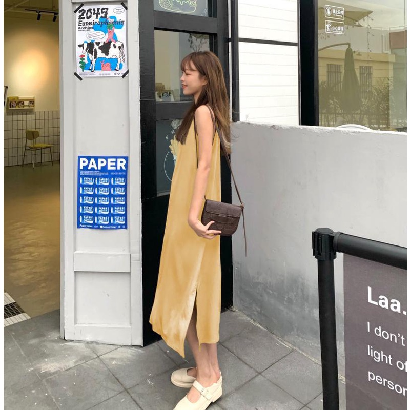 Váy đầm dáng dài vintage 2 dây suông VH902, mẫu váy 2 dây qua gối mặc trong áo sơ mi hoặc mặc đi chơi đi biển