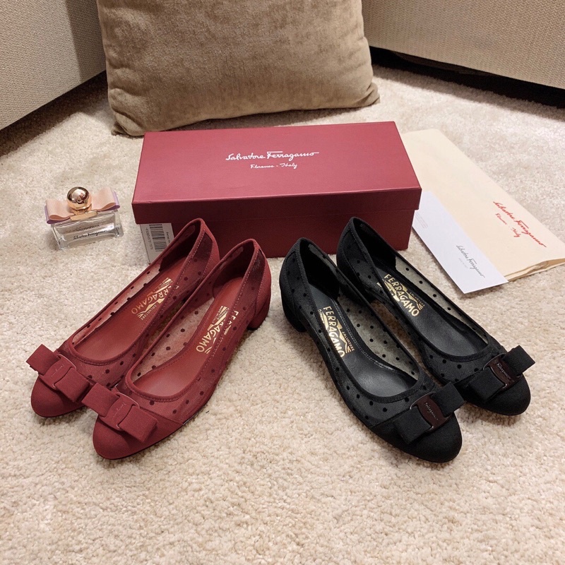Giày búp bê phối lưới gót cao 3.5cm thương hiệu Salvatore Ferragamo cao cấp