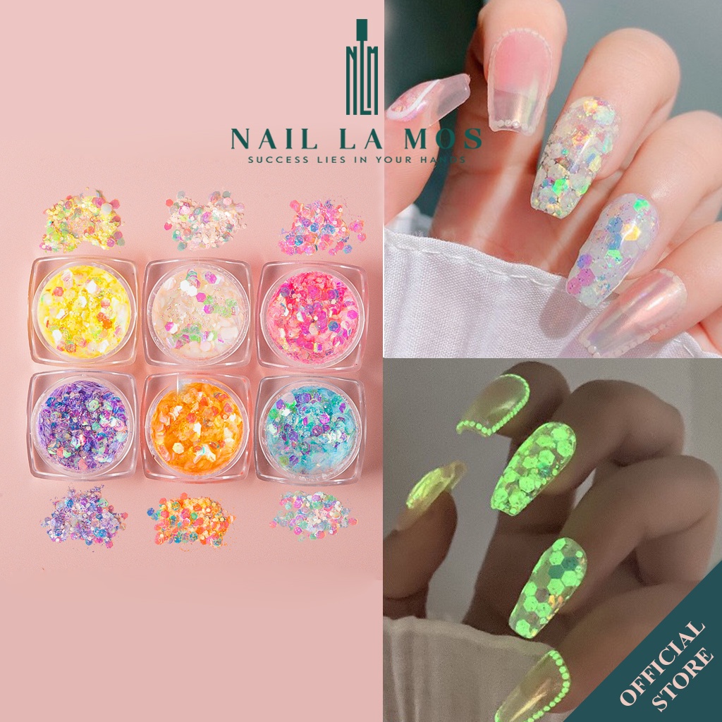 Set 6 hũ nhũ kim tuyến dạ quang đủ màu - nhũ nails phát sáng đắp ẩn gel phong cách Hàn Nhật