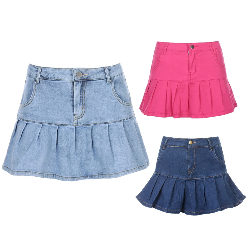 Chân váy jean Xếp Ly Lưng Cao Màu Trơn Phong Cách Harajuku Lolita Gợi Cảm Cho Nữ