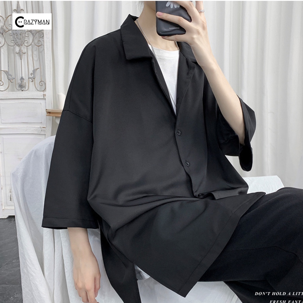 Áo sơ mi cổ vest unisex tay lỡ, áo sơ mi tay ngắn nam nữ form rộng chất vải lụa mịn chống nhăn