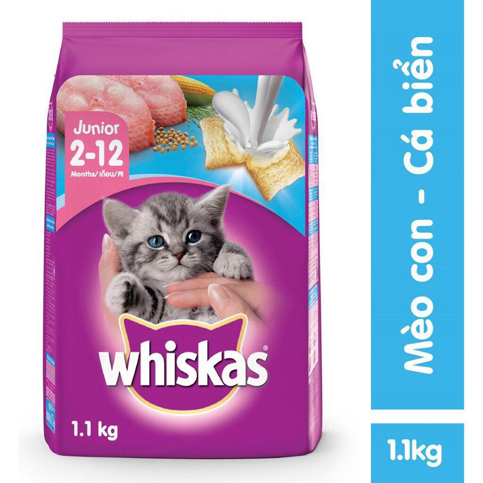 Thức ăn hạt Whiskas Junior dành cho mèo con, vị cá biển &amp; sữa 1.1kg