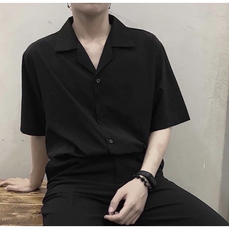 Áo SOMI TAY NGẮN Cổ Vest Vải Lụa Trắng Đen Nam Nữ Unisex