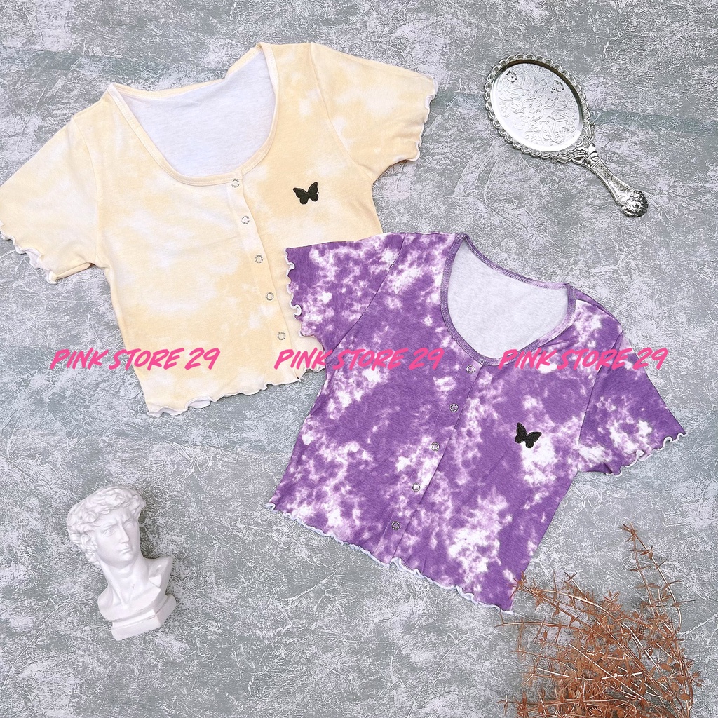 Áo Croptop Body Cổ Tròn Tay Ngắn Cúc Bấm Loang Màu Thêu Bướm  A5086