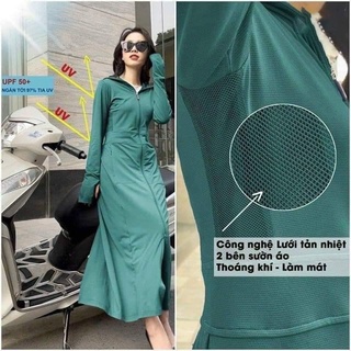 Áo khoác Chống Nắng Nữ Toàn Thân 2 Lớp Dáng Dài cản tia UV, tản nhiệt 2 bên sườn, túi khóa 2 bên kèm khẩu trang