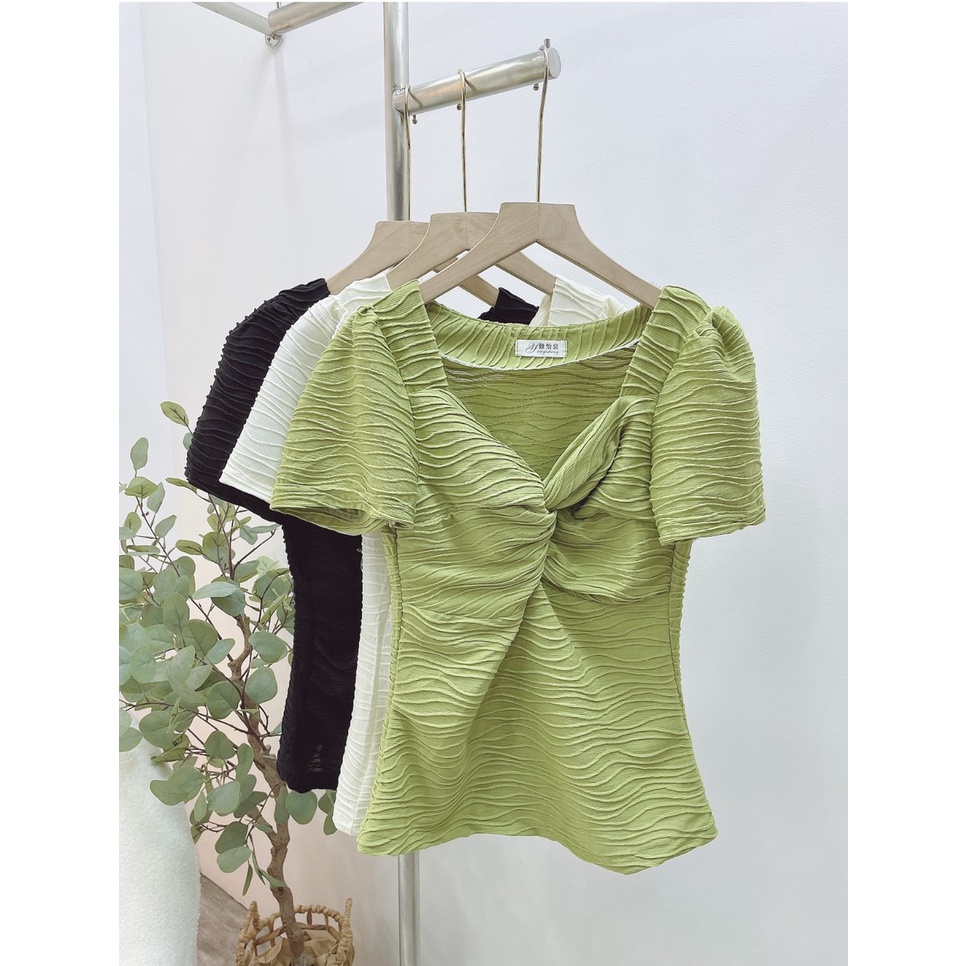 Áo xốp sóng xoắn ngực tay bồng chất sóng biển mới MÃ 1005