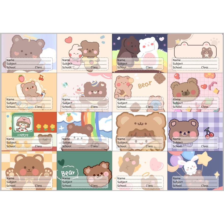 Nhãn vở gấu nâu set 16 chiếc có keo dán sẵn NV19a dễ thương hoạt hình