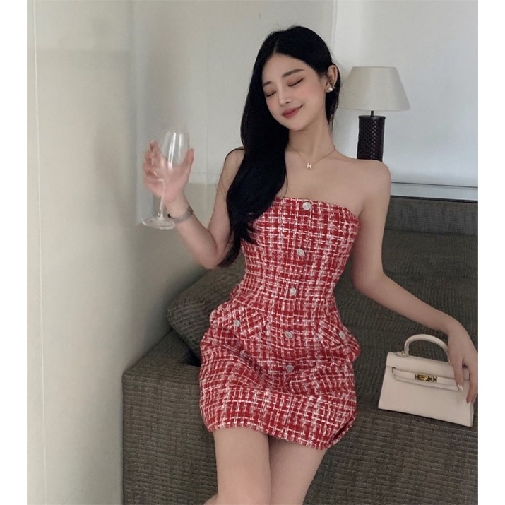 2022 mùa xuân mới Bulgari hoa hồng đỏ nhỏ hương thơm ống trên cùng túi hông váy ngắn váy dệt cao cấp nữ💕
