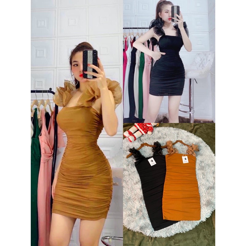Đầm body 👗mẫu mới👗đầm nhún sườn phối voan sang chảnh