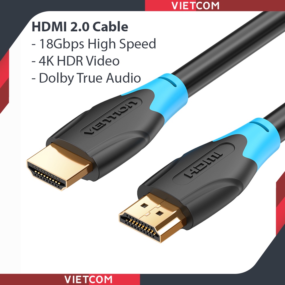 Cáp HDMI 2.0 Vention Mạ vàng - Hỗ trợ 4K/60Hz, 18Gbps + Âm thanh + Ethernet - Loại tròn & loại dẹt