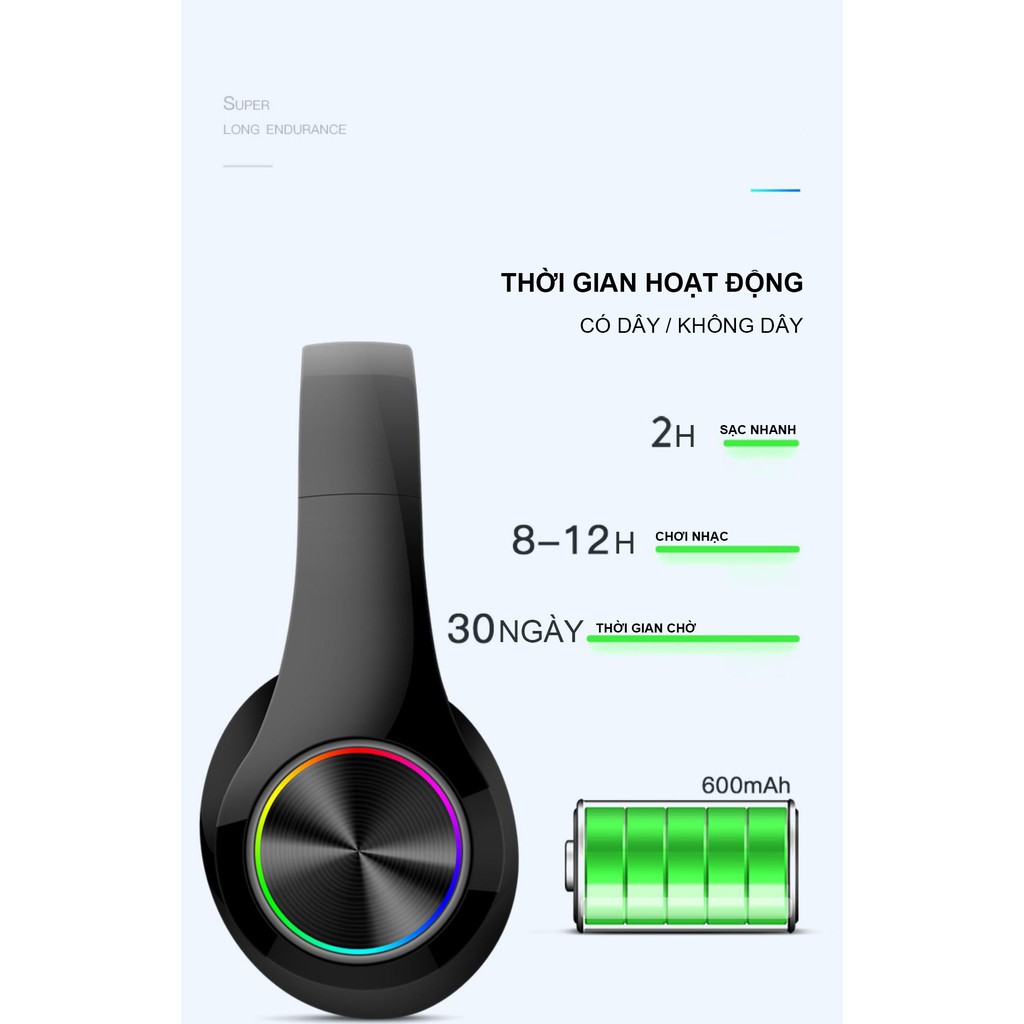 Tai nghe bluetooth không dây chụp tai B39 đèn LED 7 màu - Khe cắm thẻ nhớ - Jack cắm 3.5mm | BigBuy360 - bigbuy360.vn