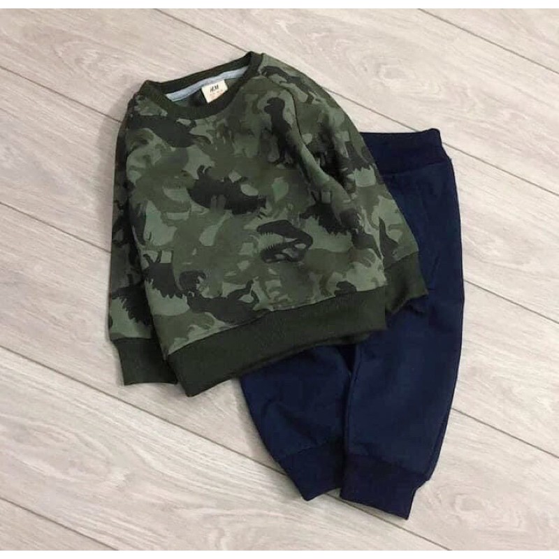 Bộ nỉ da cá H&M hình ô tô và khủng long xanh cho bé