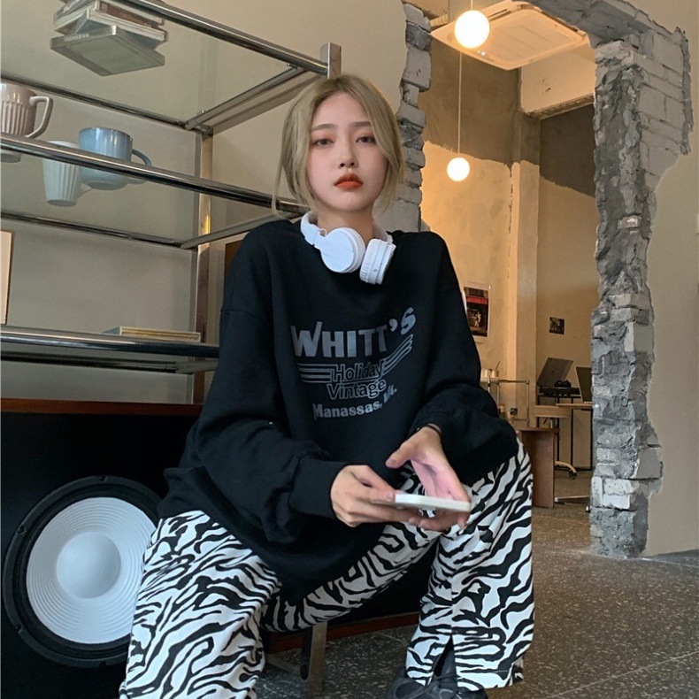 SUXI Áo Sweater Tay Dài Dáng Rộng Màu Sắc Đơn Giản In Chữ Phong Cách Hàn Quốc