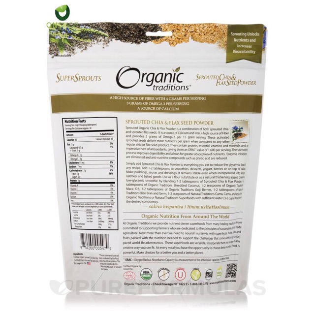 Bột hạt lanh và hạt chia nảy mầm hữu cơ Sprouted Chia & Flax seed powder - Organic Tradition