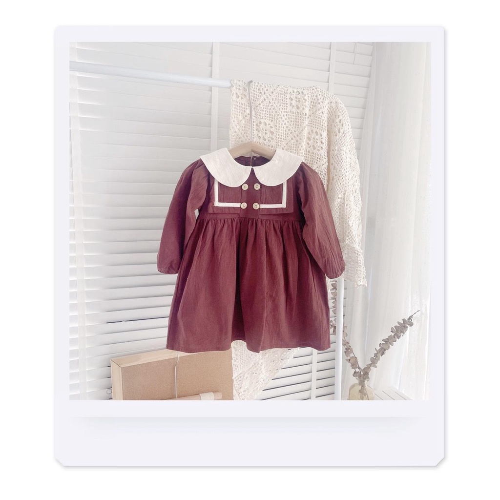 [10-22kg] Váy cổ sen 4 cúc nâu, be phong cách vintage cho bé gái mùa thu xinh xắn