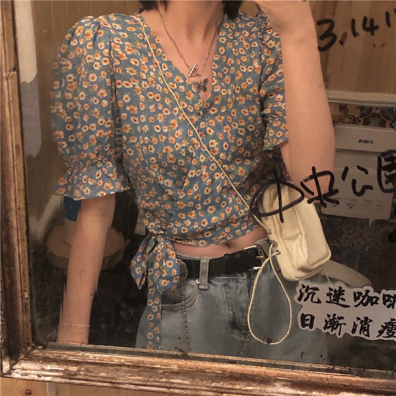 Áo Sơ Mi Chiffon Cổ Chữ V Tay Ngắn Họa Tiết Hoa Phong Cách Hàn Quốc Thời Trang Mùa Hè Mới Cho Nữ