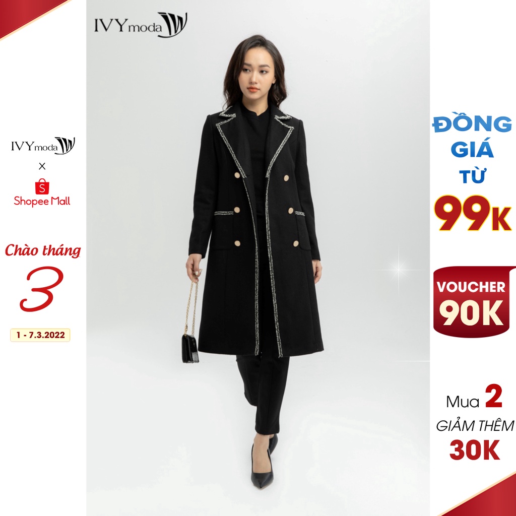 Áo khoác dạ nữ đen viền trắng IVY moda MS 71M6047