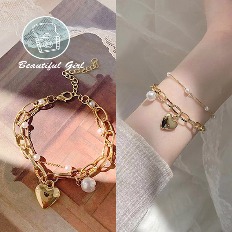 Vòng tay hai lớp mặt hình trái tim thời trang ngọt ngào xinh xắn