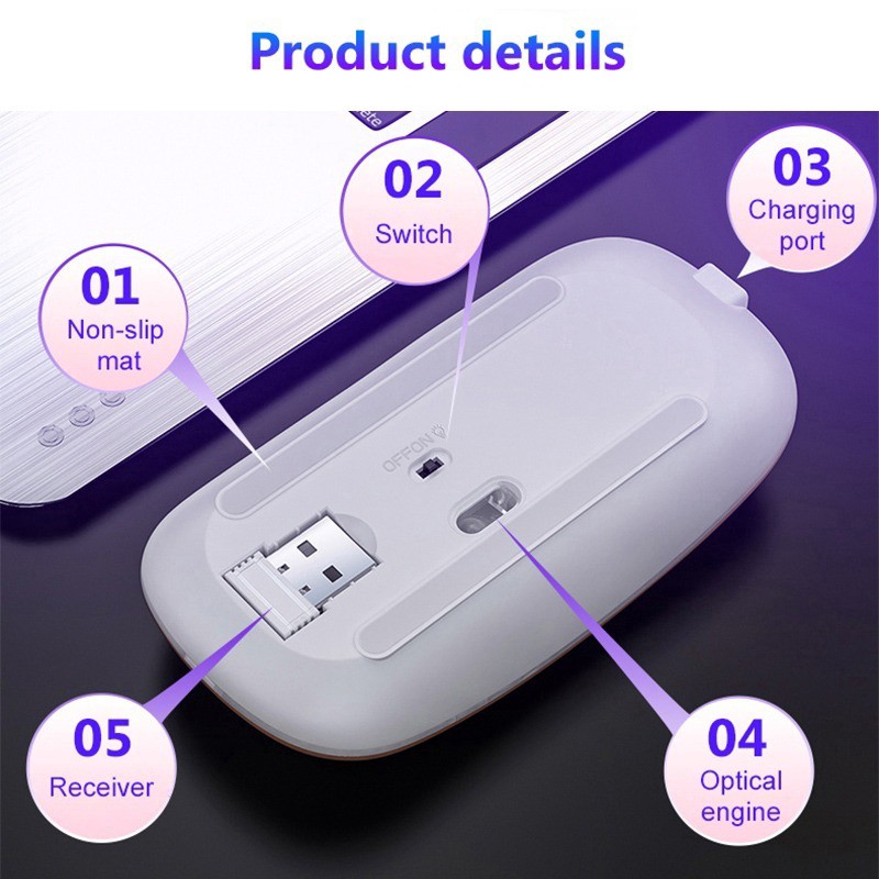 2.4G Silent Wireless Mouse 1600DPI RGB LED Backlit Rechargeable Gaming Mouse Ultra Slim Ergonomic