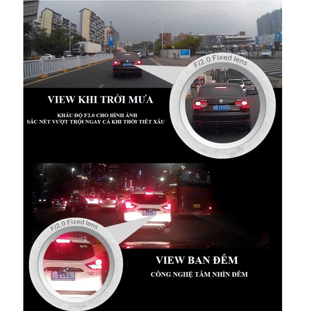 Camera hành trình ô tô RUNDONG 3 mắt T-909 | Màn hình 4.0 inch full HD 1080, camera sau chống nước, hỗ trợ thẻ nhớ 32 Gb