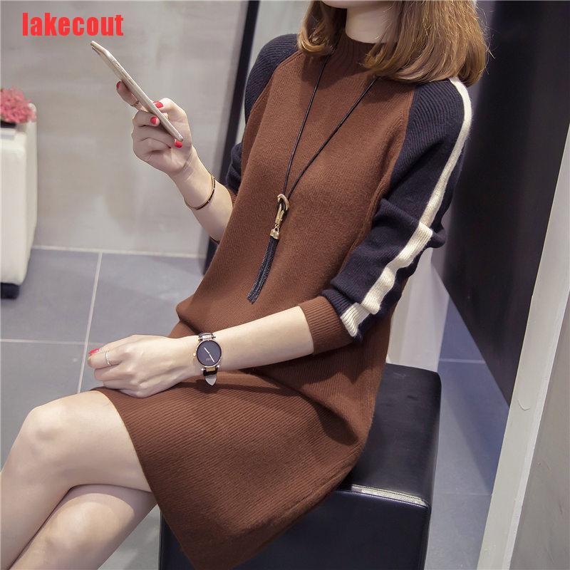 {lakecout}Women Sweater Dress Long Sleeve Knit Dresses Knitted Sundress Casual Mini Loose BZT