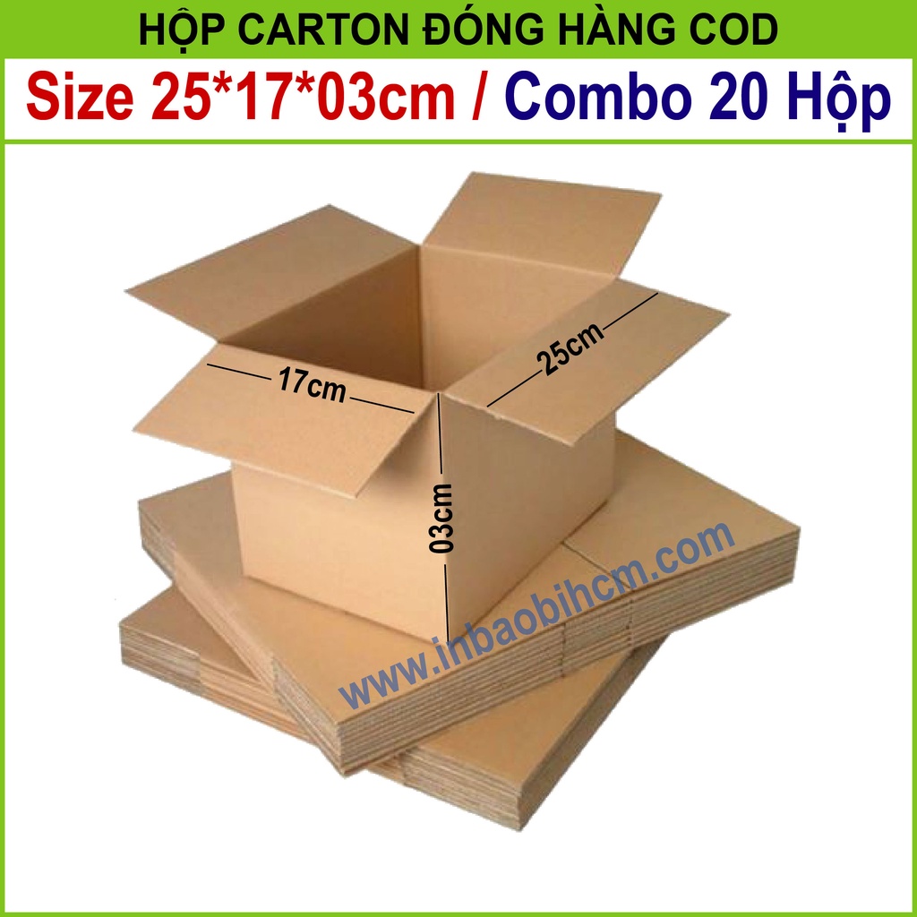 20 Hộp đóng hàng 25x17x3 cm, Hộp carton dày, Cứng cáp, Chuẩn Ship COD, Thùng carton, Hộp giấy giá rẻ, Inbaobi.HCM