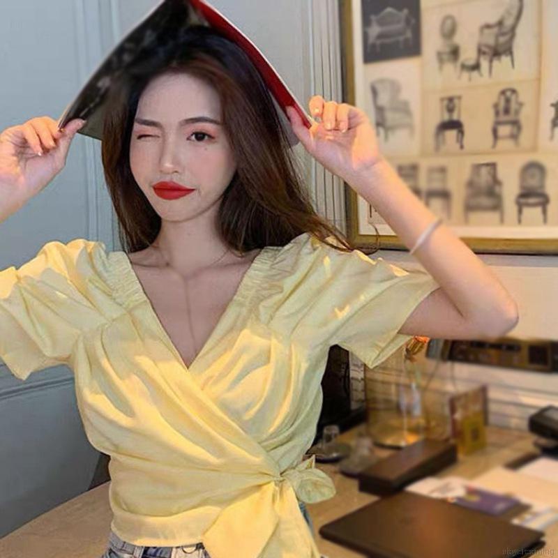 Áo kiểu ngắn tay cổ chữ V phối dây thắt xinh xắn cho nữ
